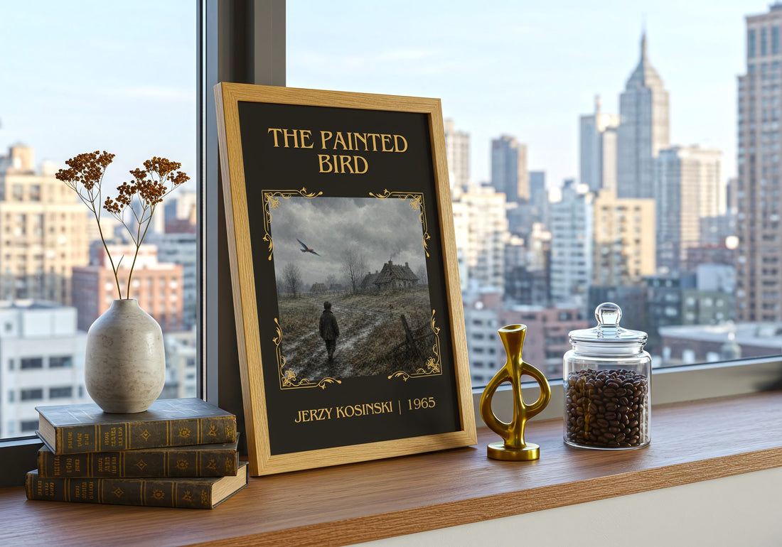 The Painted Bird Classic Book Art Print by Jerzy Kosinski – framed print on a city-view windowsill
