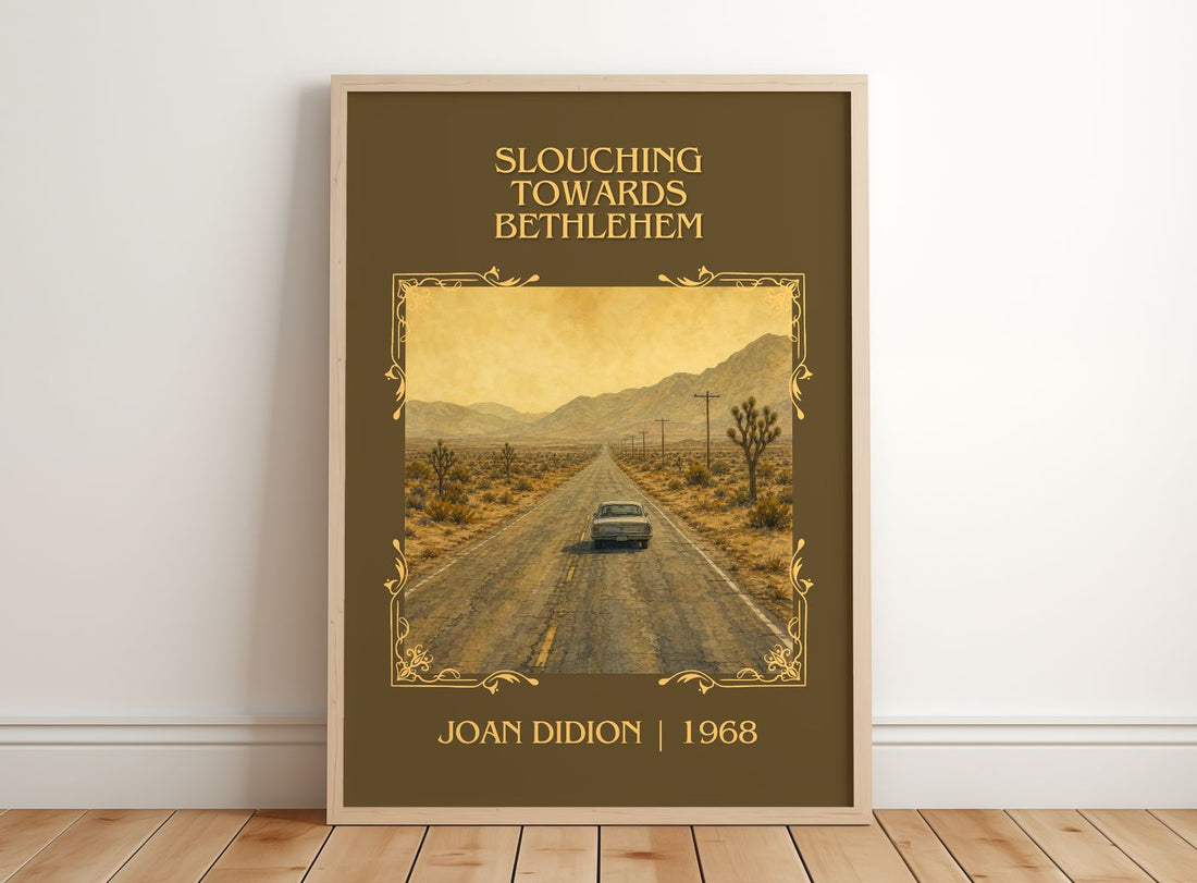 Slouching Towards Bethlehem Classic Book Art Print by Joan Didion – framed print leaning on a wooden floor