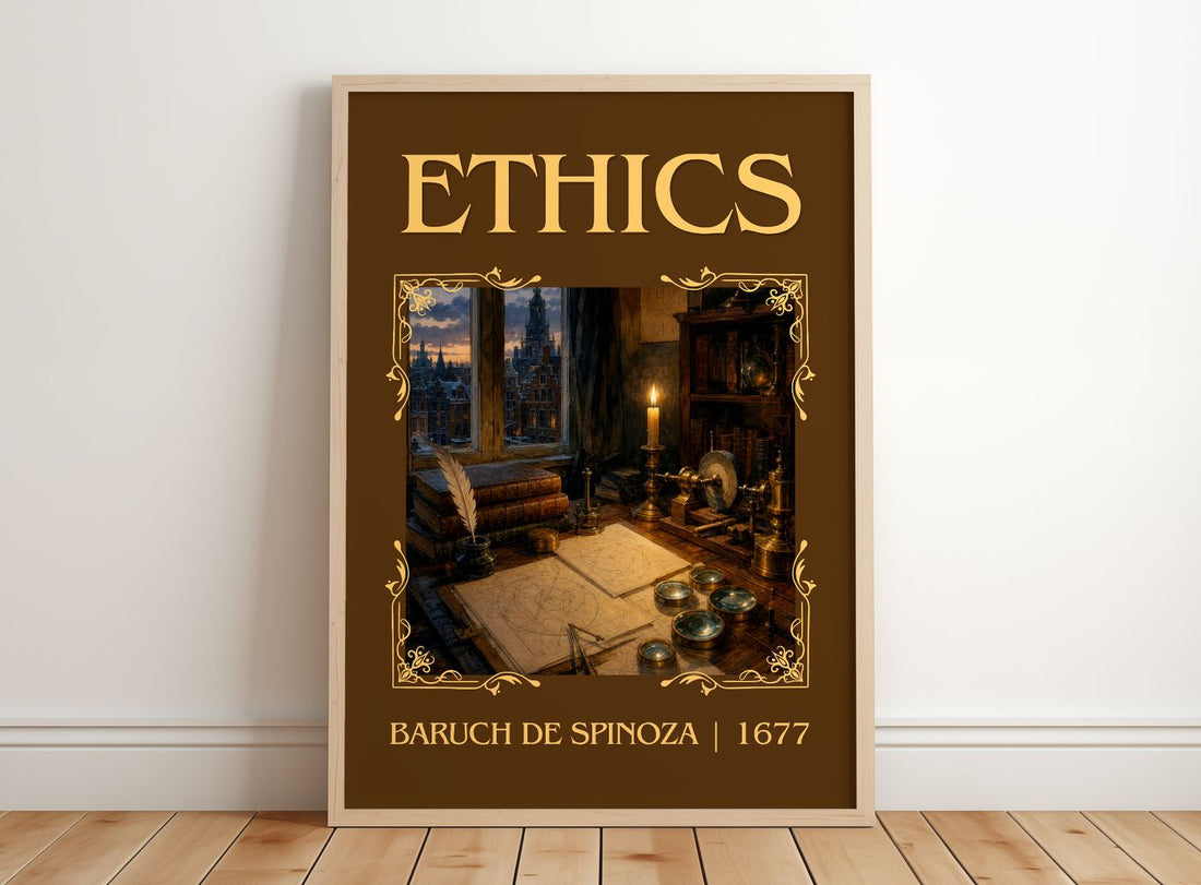 Ethics Classic Book Art Print by Baruch de Spinoza – framed print leaning on a wooden floor