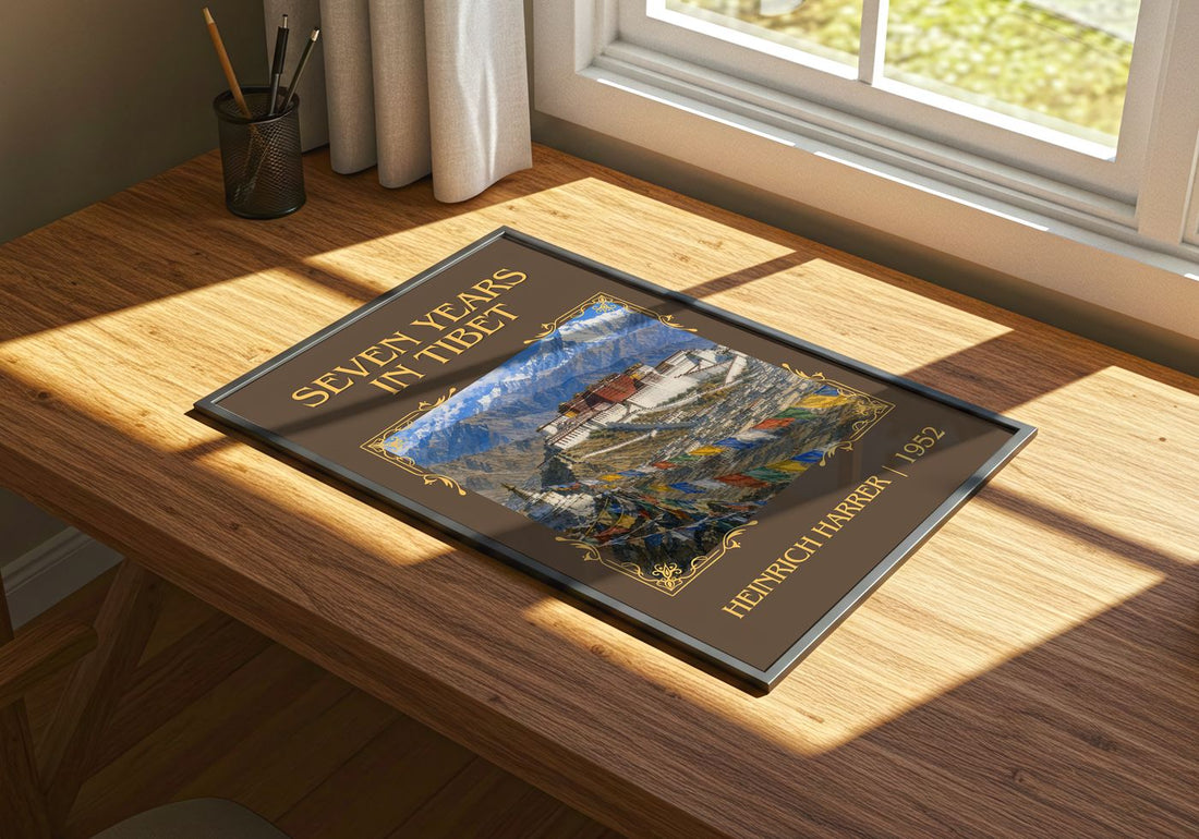 Seven Years in Tibet Classic Book Art Print by Heinrich Harrer – print on a sunlit desk