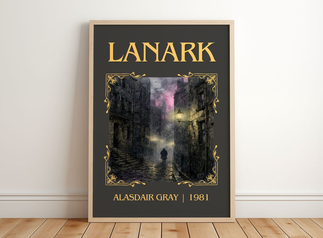 Lanark Classic Book Art Print by Alasdair Gray – framed print leaning on a wooden floor