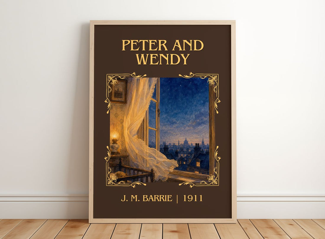 Peter And Wendy Classic Book Art Print by J. M. Barrie – framed print leaning on a wooden floor