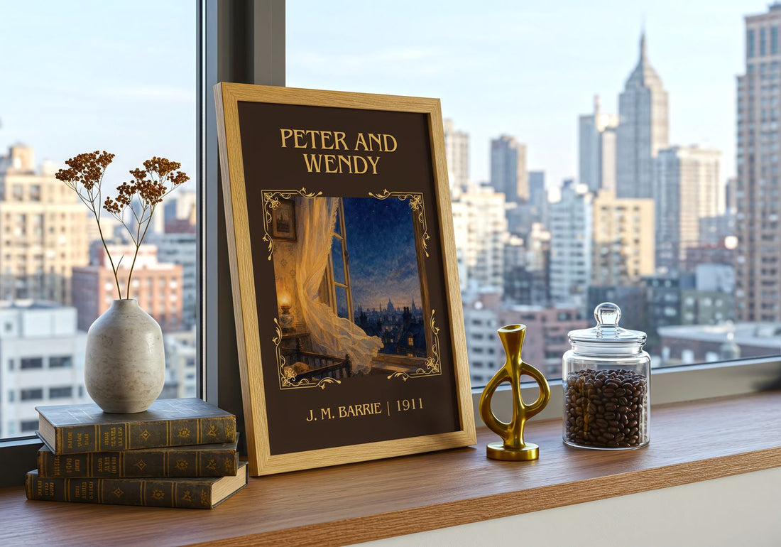 Peter And Wendy Classic Book Art Print by J. M. Barrie – framed print on a city-view windowsill