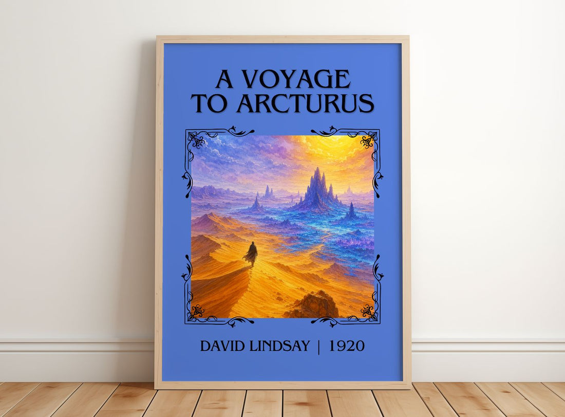 A Voyage To Arcturus Classic Book Art Print by David Lindsay – framed print leaning on a wooden floor