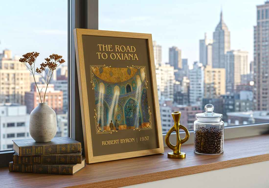The Road to Oxiana Classic Book Art Print by Robert Byron – framed print on a city-view windowsill