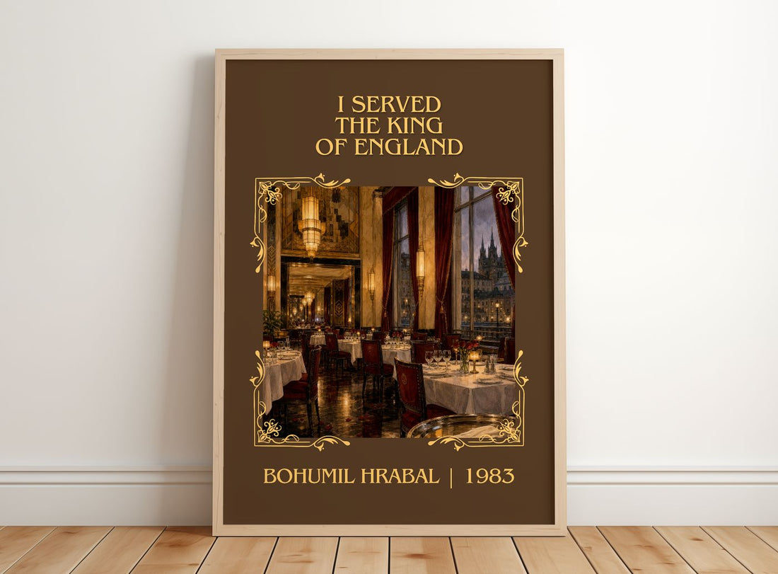 I Served The King Of England Classic Book Art Print by Bohumil Hrabal – framed print leaning on a wooden floor
