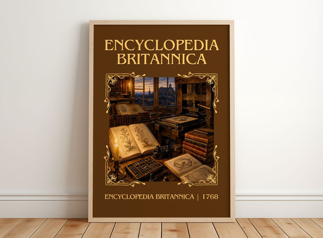 Encyclopedia Britannica Classic Book Art Print by E. Britannica – framed print leaning on a wooden floor