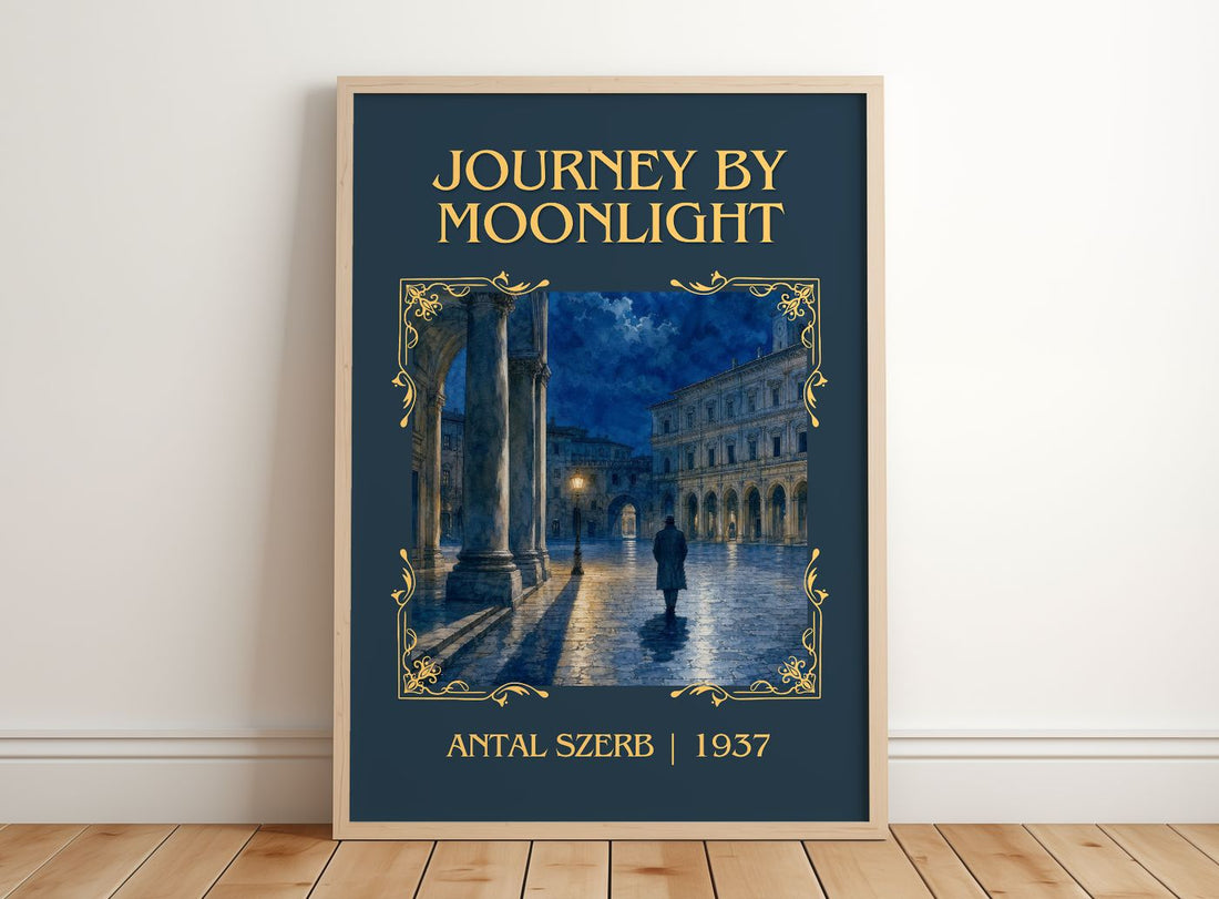 Journey by Moonlight Classic Book Art Print by Antal Szerb – framed print leaning on a wooden floor