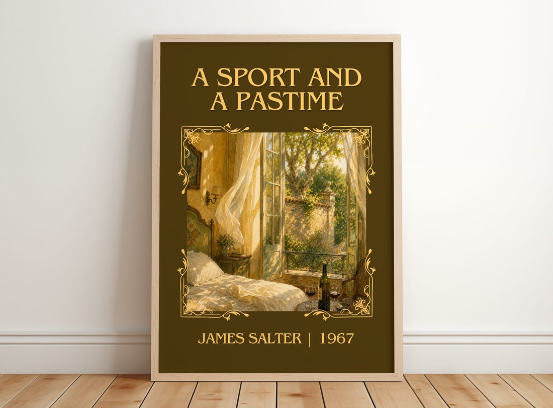 A Sport and a Pastime Classic Book Art Print by James Salter – framed print leaning on a wooden floor