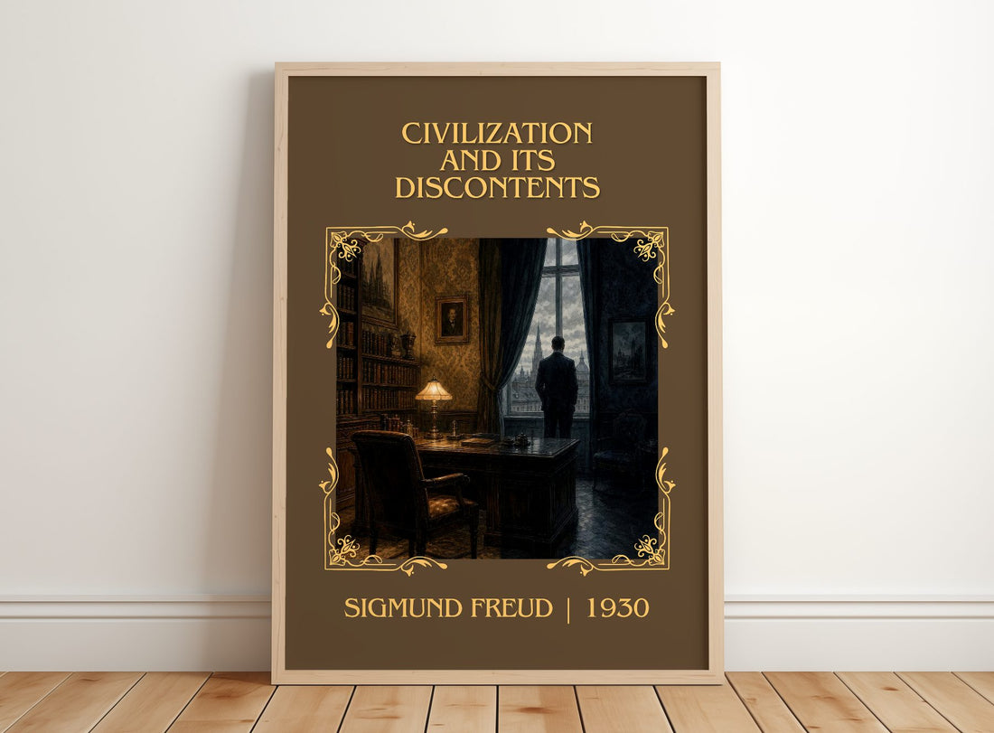 Civilization and Its Discontents Classic Book Art Print by S. Freud – framed print leaning on a wooden floor