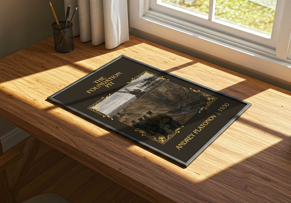 The Foundation Pit Classic Book Art Print by Andrey Platonov – print on a sunlit desk