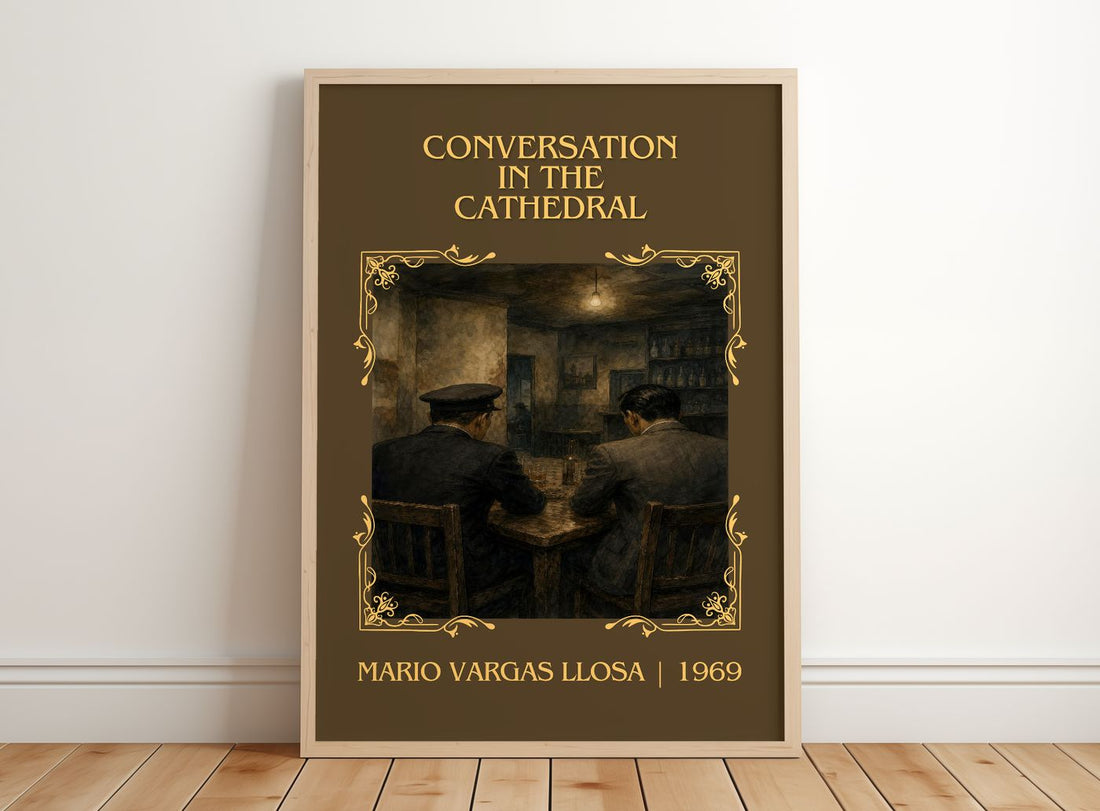 Conversation in the Cathedral Classic Book Art Print by M. Llosa – framed print leaning on a wooden floor