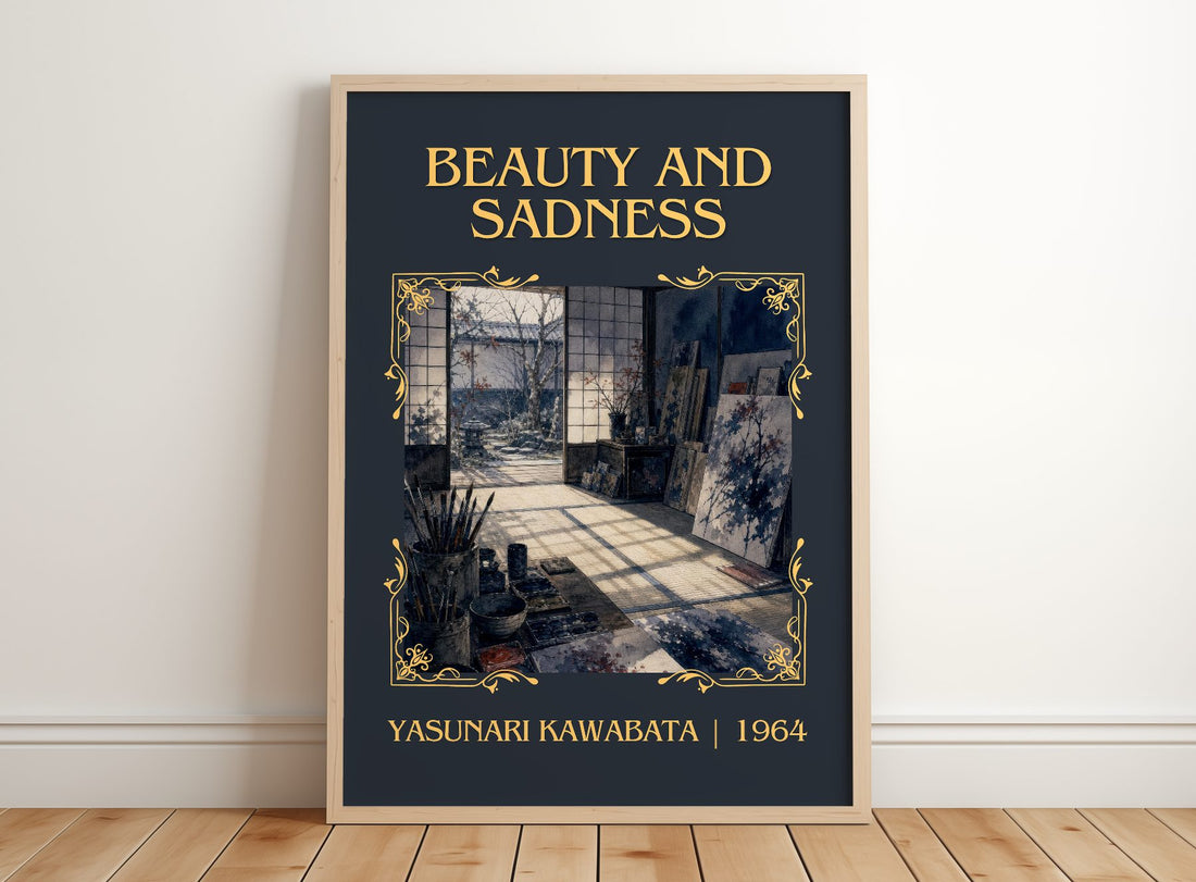 Beauty and Sadness Classic Book Art Print by Yasunari Kawabata – framed print leaning on a wooden floor