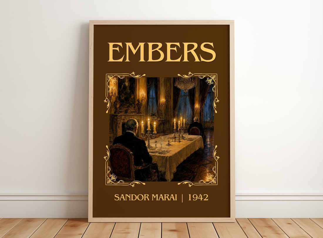 Embers Classic Book Art Print by Sandor Marai – framed print leaning on a wooden floor