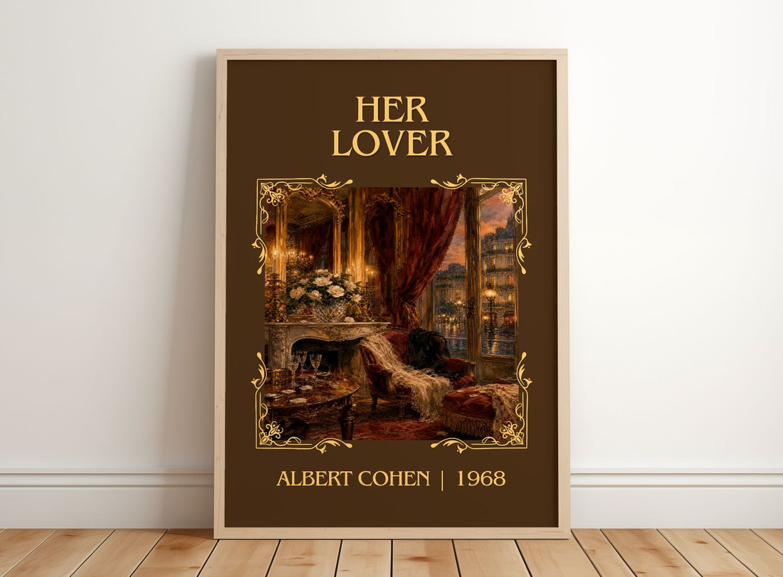 Her Lover Classic Book Art Print by Albert Cohen – framed print leaning on a wooden floor