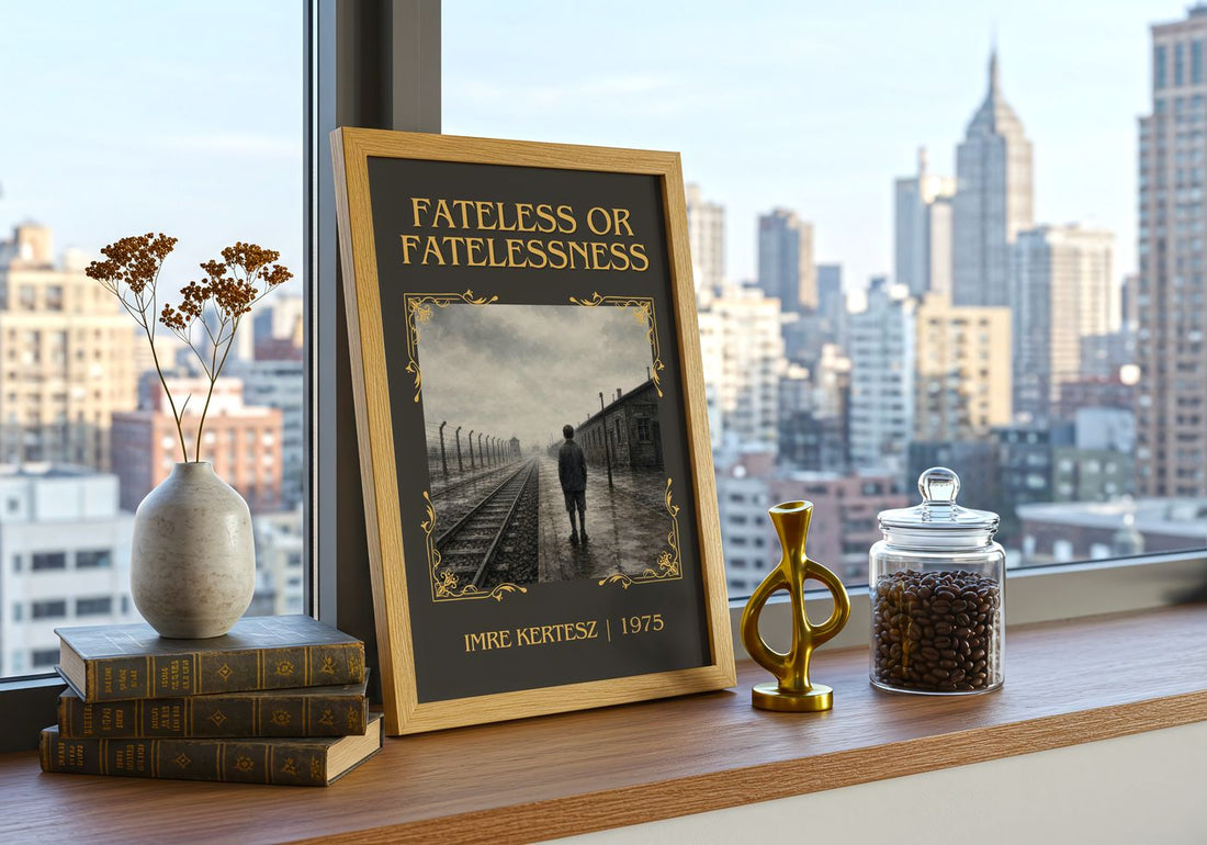 Fateless or Fatelessness Classic Book Art Print by Imre Kertész – framed print on a city-view windowsill
