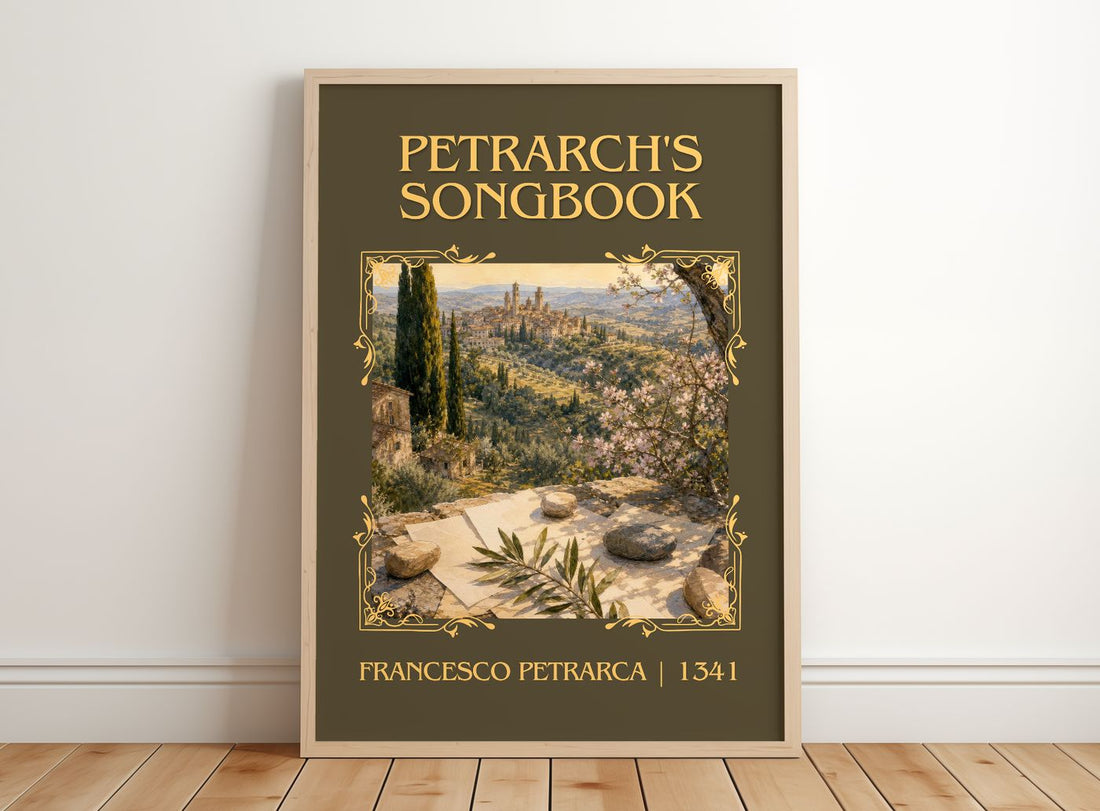 Petrarch's Songbook Classic Book Art Print by Francesco Petrarca – framed print leaning on a wooden floor