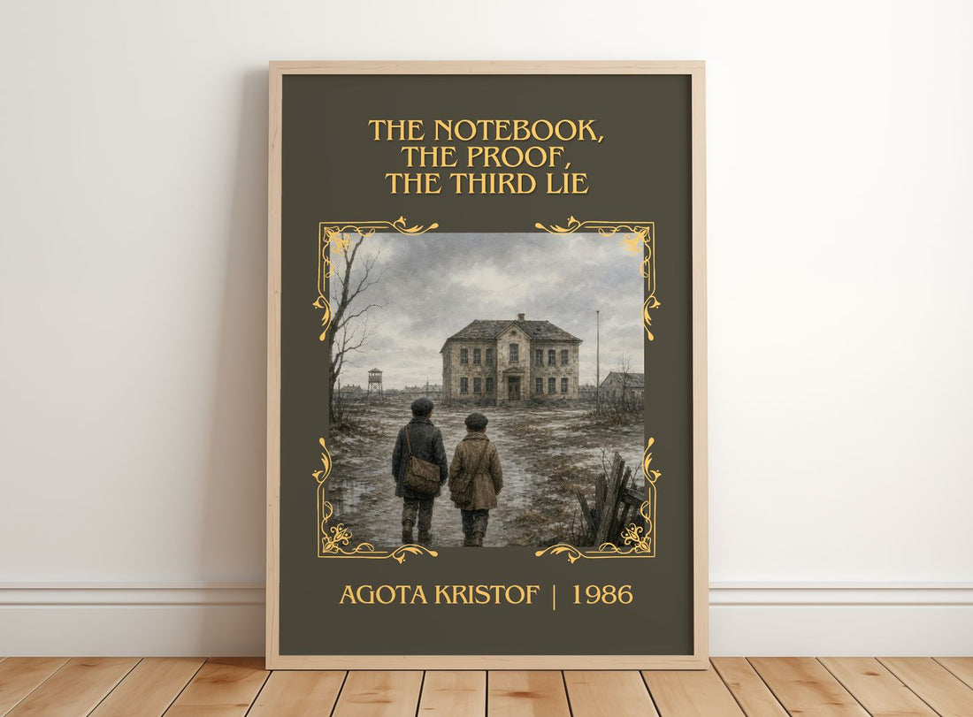 The Notebook, The Proof, The Third Lie Classic Book Art Print by Agota Kristof – framed print leaning on a wooden floor