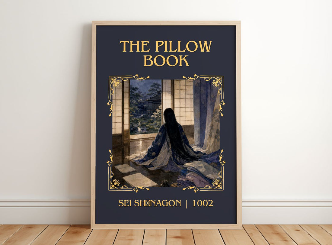 The Pillow Book Classic Book Art Print by Sei Shōnagon – framed print leaning on a wooden floor