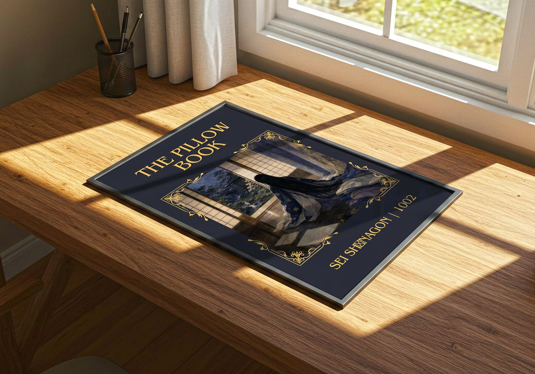 The Pillow Book Classic Book Art Print by Sei Shōnagon – print on a sunlit desk