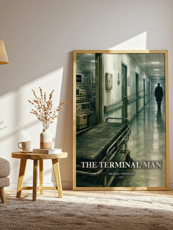 The Terminal Man watercolour print in frame leaning in hallway – sci fi wall art