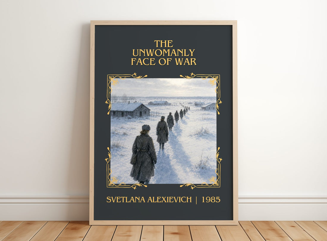 Unwomanly Face Of War Classic Book Art Print by Svetlana Alexievich – framed print leaning on a wooden floor