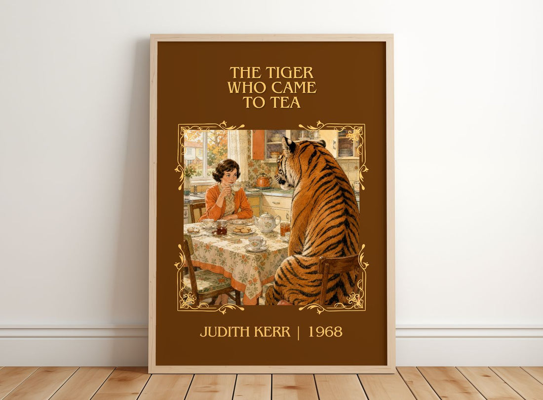 The Tiger Who Came to Tea Classic Book Art Print by Judith Kerr – framed print leaning on a wooden floor