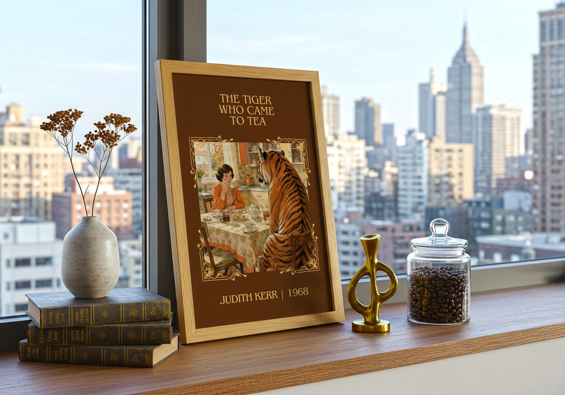 The Tiger Who Came to Tea Classic Book Art Print by Judith Kerr – framed print on a city-view windowsill