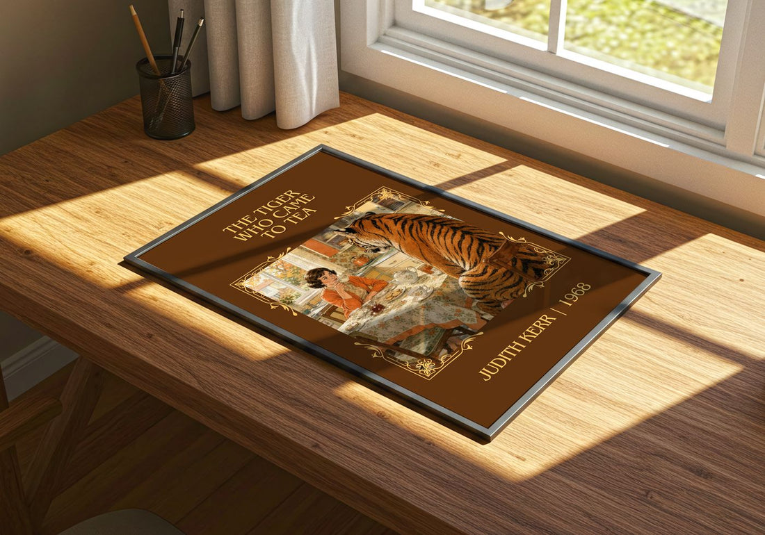 The Tiger Who Came to Tea Classic Book Art Print by Judith Kerr – print on a sunlit desk