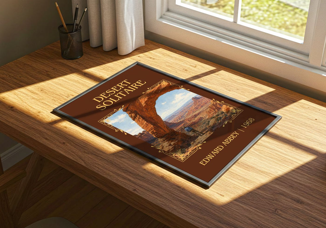 Desert Solitaire Classic Book Art Print by Edward Abbey – print on a sunlit desk