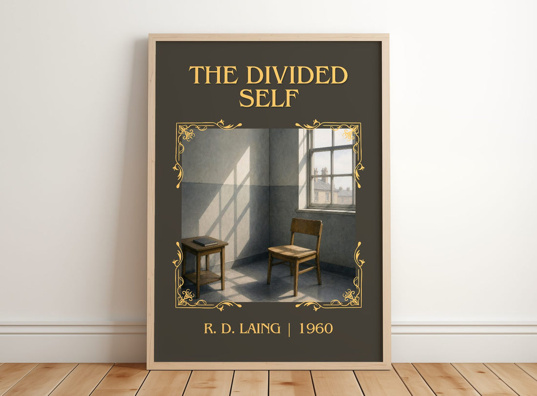 The Divided Self Classic Book Art Print by R. D. Laing – framed print leaning on a wooden floor