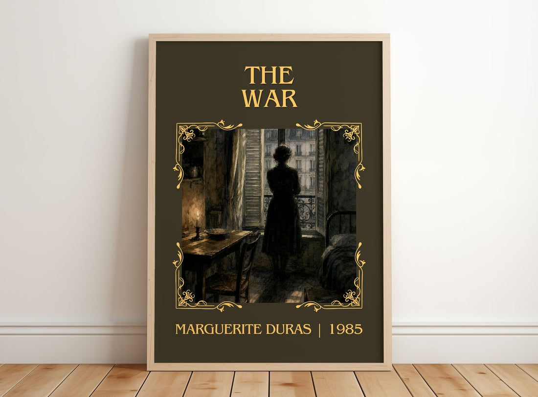 The War Classic Book Art Print by Marguerite Duras – framed print leaning on a wooden floor