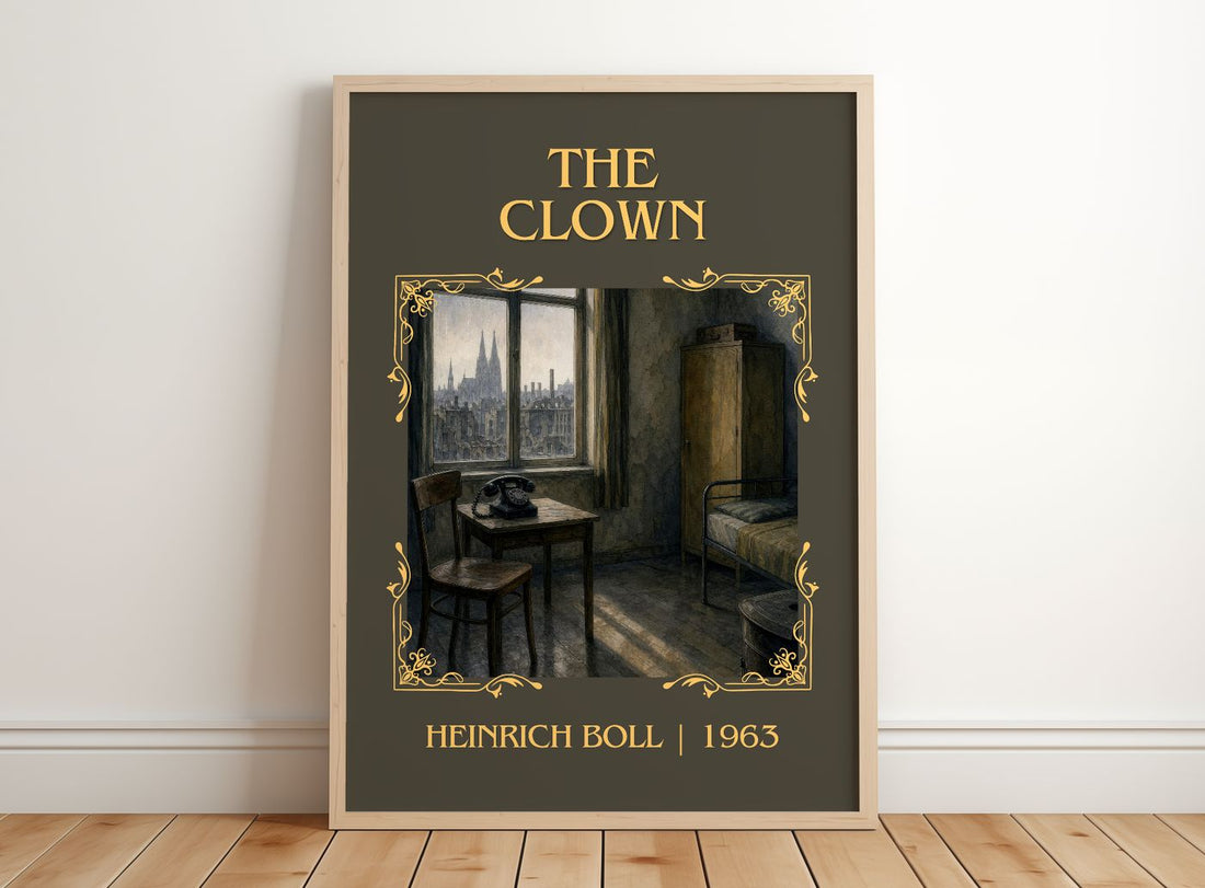 The Clown Classic Book Art Print by Heinrich Böll – framed print leaning on a wooden floor