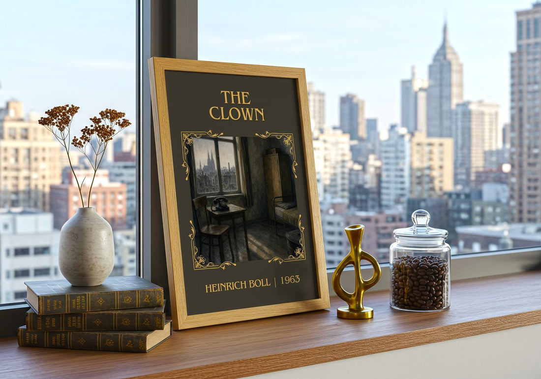 The Clown Classic Book Art Print by Heinrich Böll – framed print on a city-view windowsill