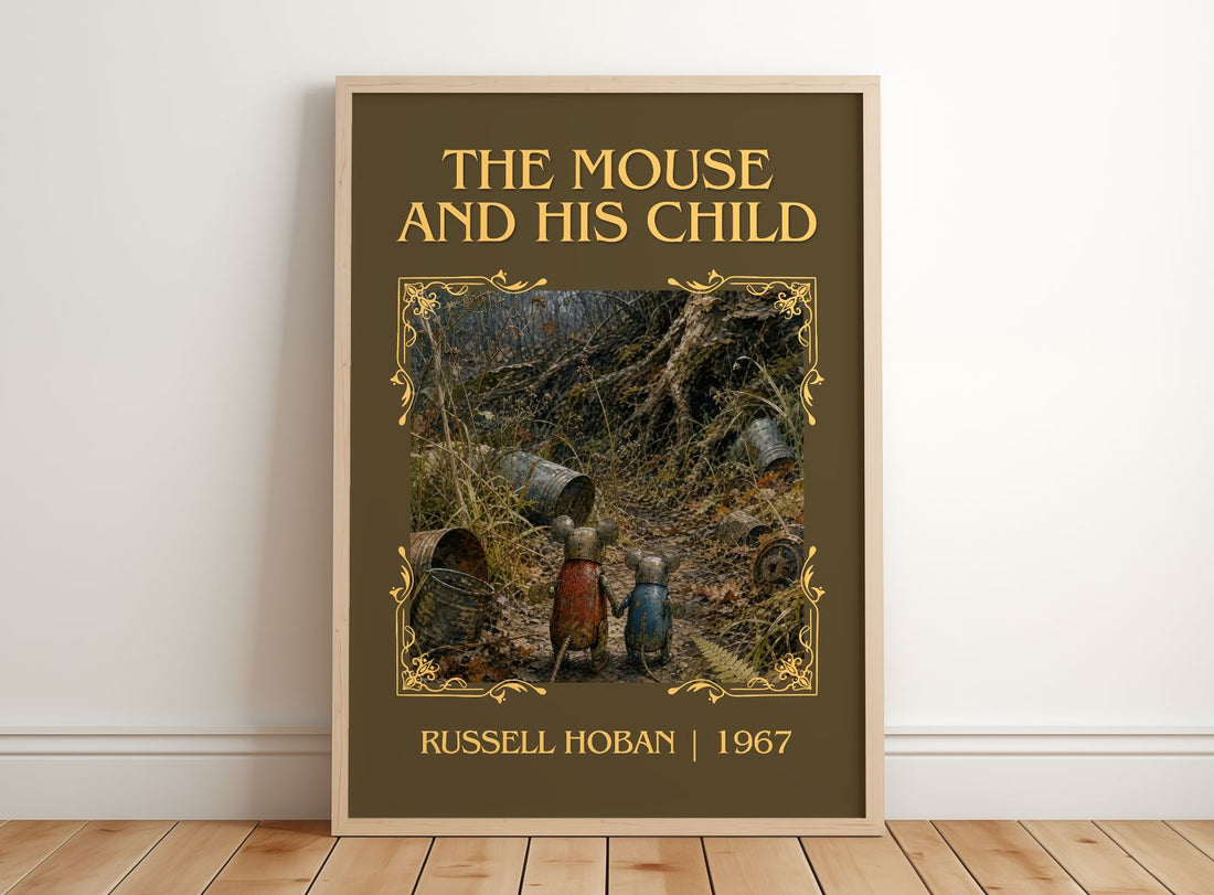 The Mouse And His Child Classic Book Art Print by Russell Hoban – framed print leaning on a wooden floor