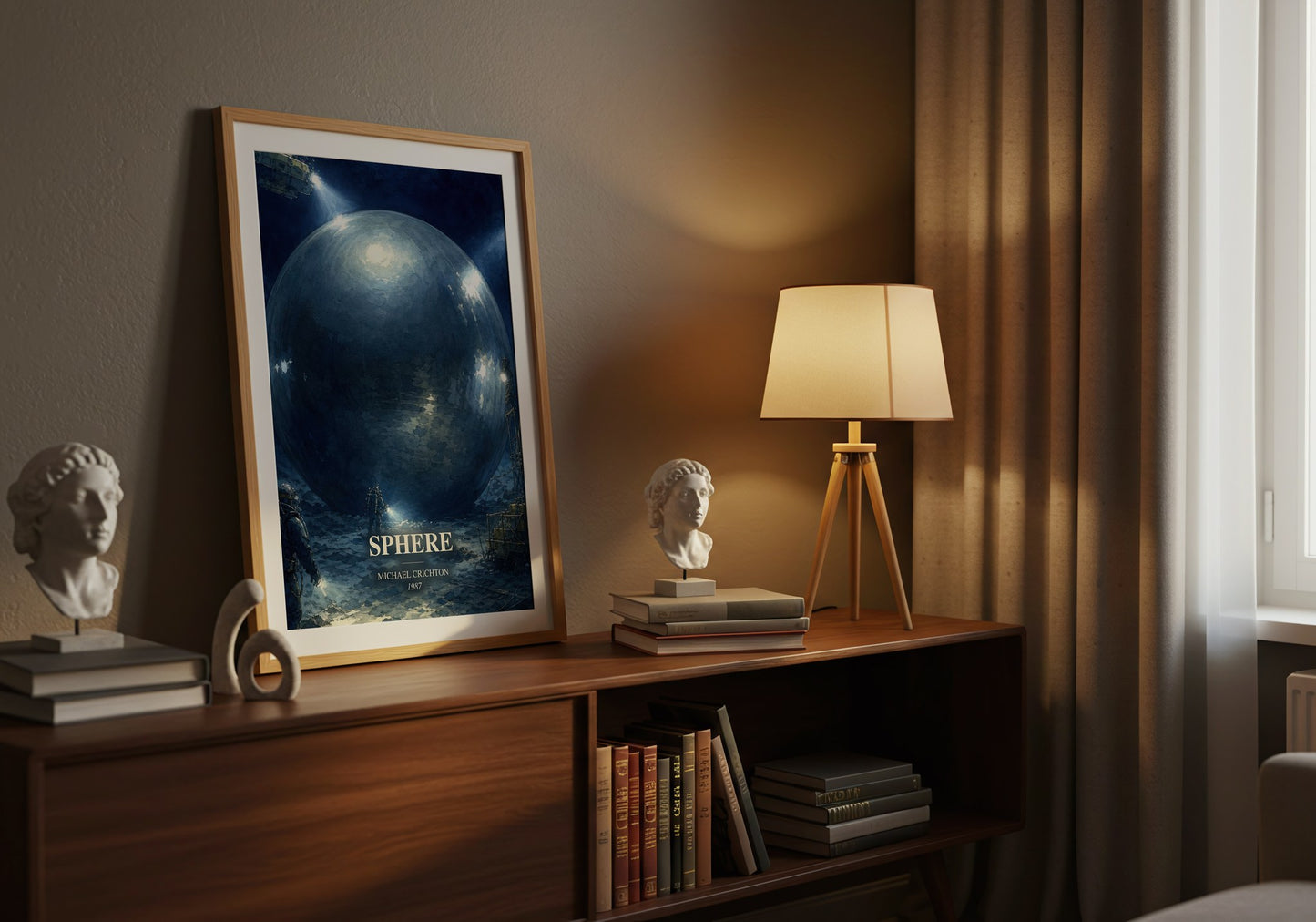Sphere watercolour print on bookshelf – Michael Crichton fan gift