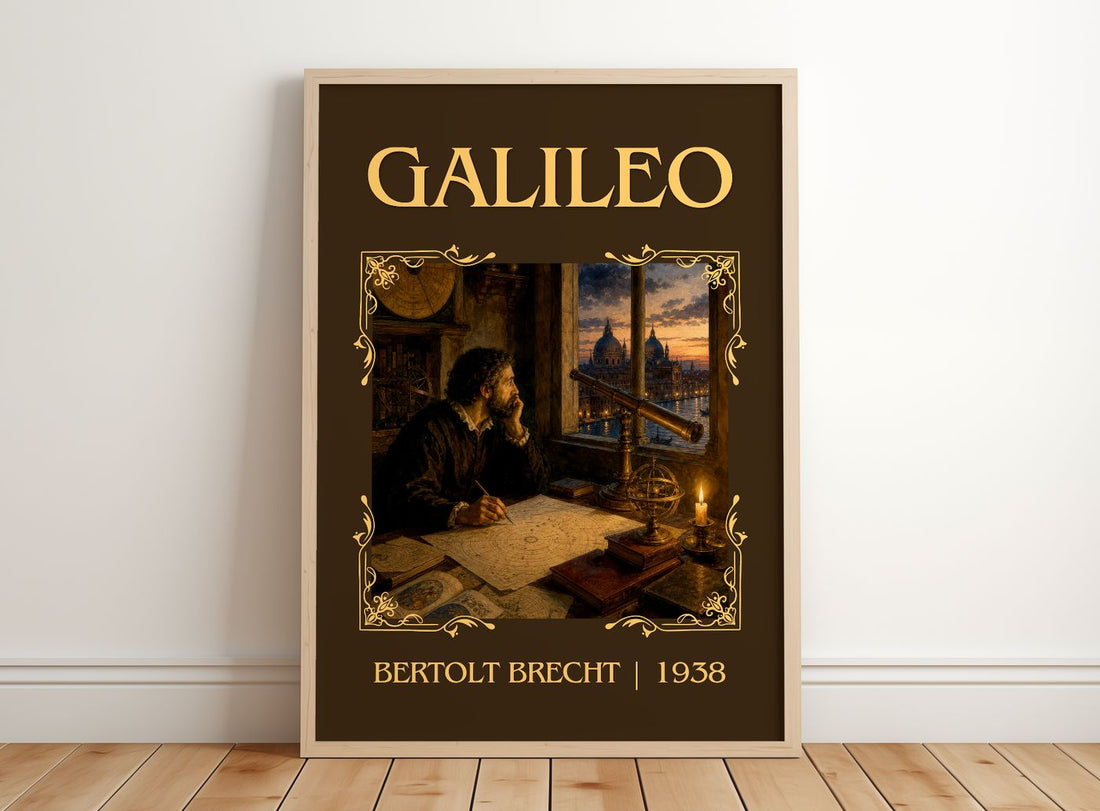 Galileo Classic Book Art Print by Bertolt Brecht – framed print leaning on a wooden floor
