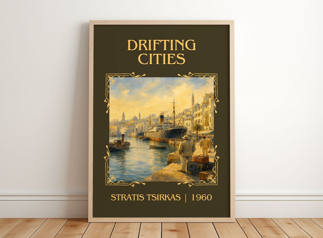 Drifting Cities Classic Book Art Print by Stratis Tsirkas – framed print leaning on a wooden floor