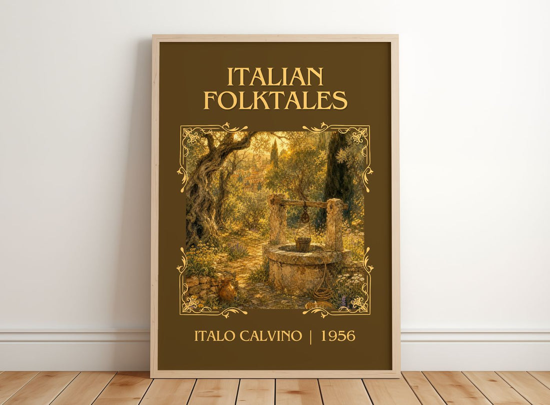 Italian Folktales Classic Book Art Print by Italo Calvino – framed print leaning on a wooden floor