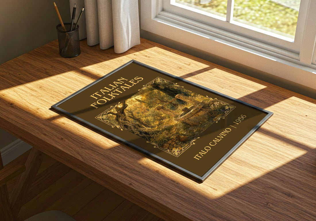 Italian Folktales Classic Book Art Print by Italo Calvino – print on a sunlit desk