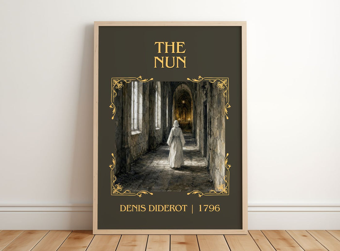 The Nun Classic Book Art Print by Denis Diderot – framed print leaning on a wooden floor