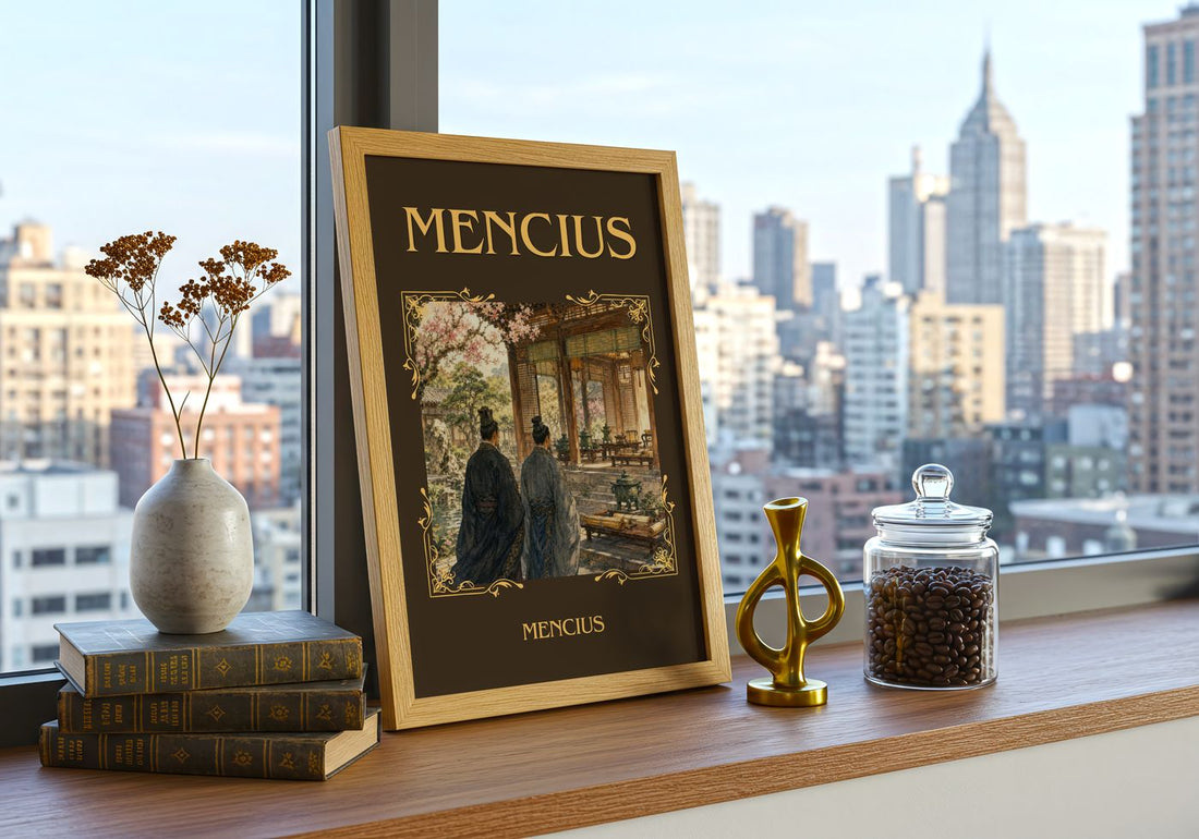Mencius Classic Book Art Print by Mencius – framed print on a city-view windowsill