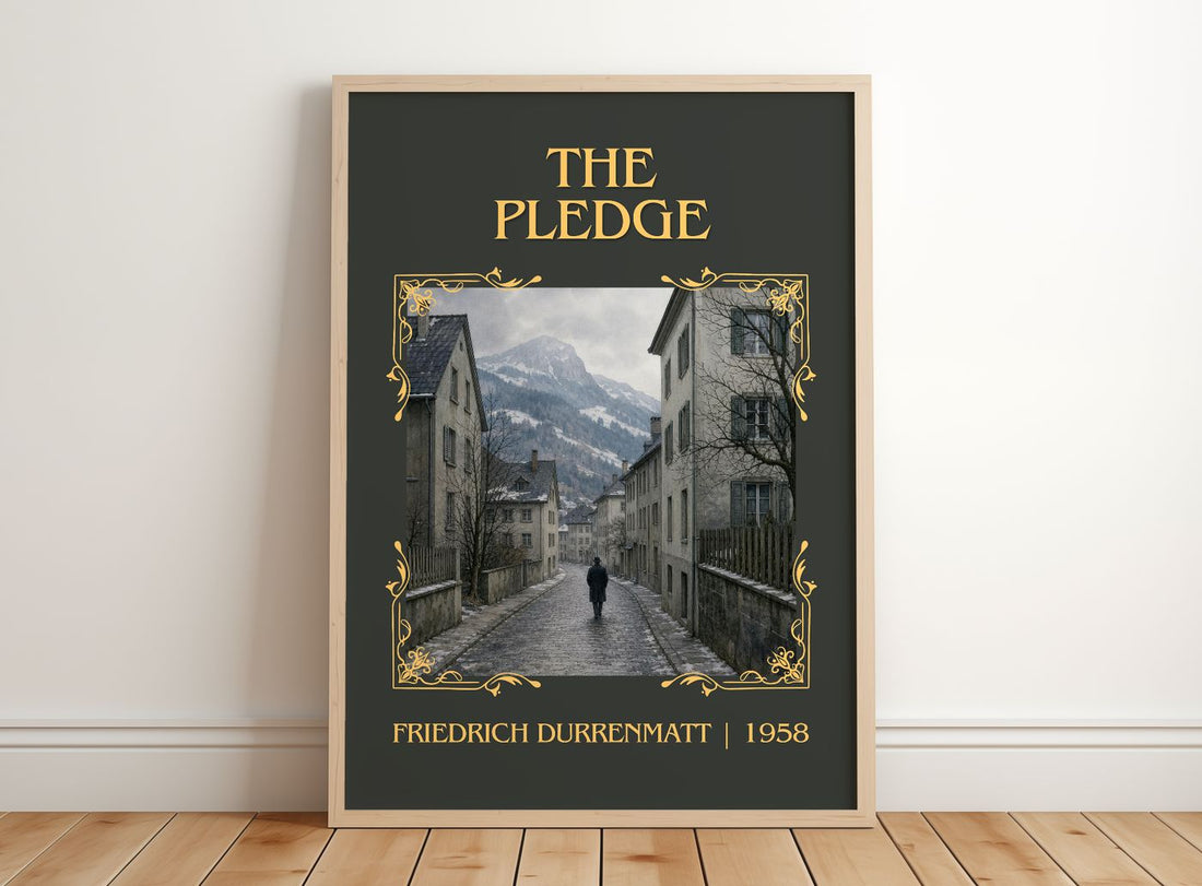 The Pledge Classic Book Art Print by Friedrich Dürrenmatt – framed print leaning on a wooden floor