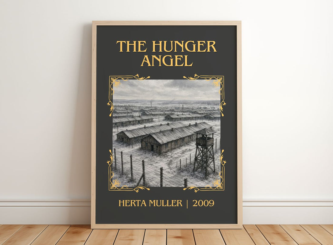 The Hunger Angel Classic Book Art Print by Herta Müller – framed print leaning on a wooden floor