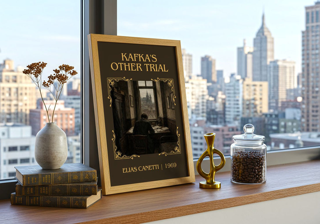 Kafka's Other Trial Classic Book Art Print by Elias Canetti – framed print on a city-view windowsill