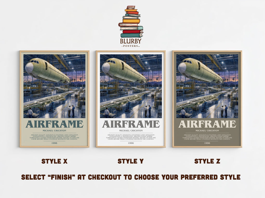 Airframe bookish print in frame leaning in hallway – thriller wall art (mockup)