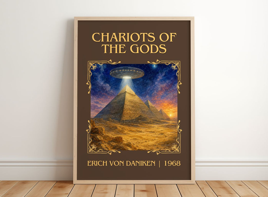 Chariots Of The Gods Classic Book Art Print by Erich Von Däniken – framed print leaning on a wooden floor