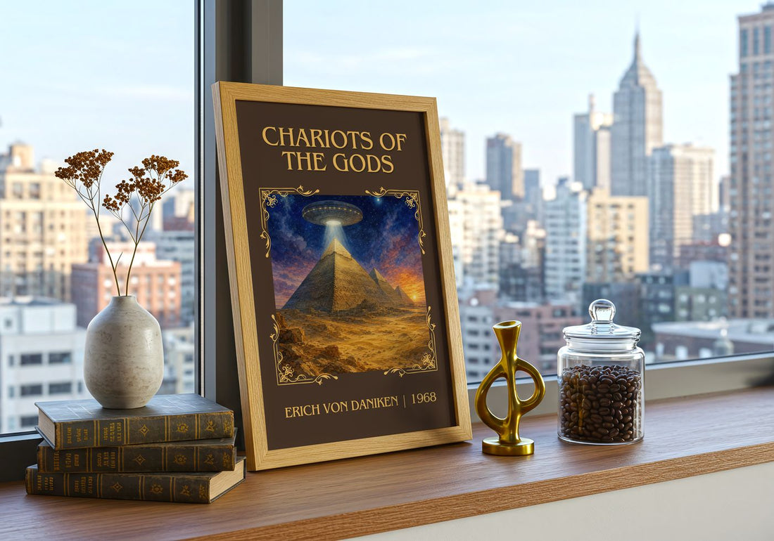 Chariots Of The Gods Classic Book Art Print by Erich Von Däniken – framed print on a city-view windowsill