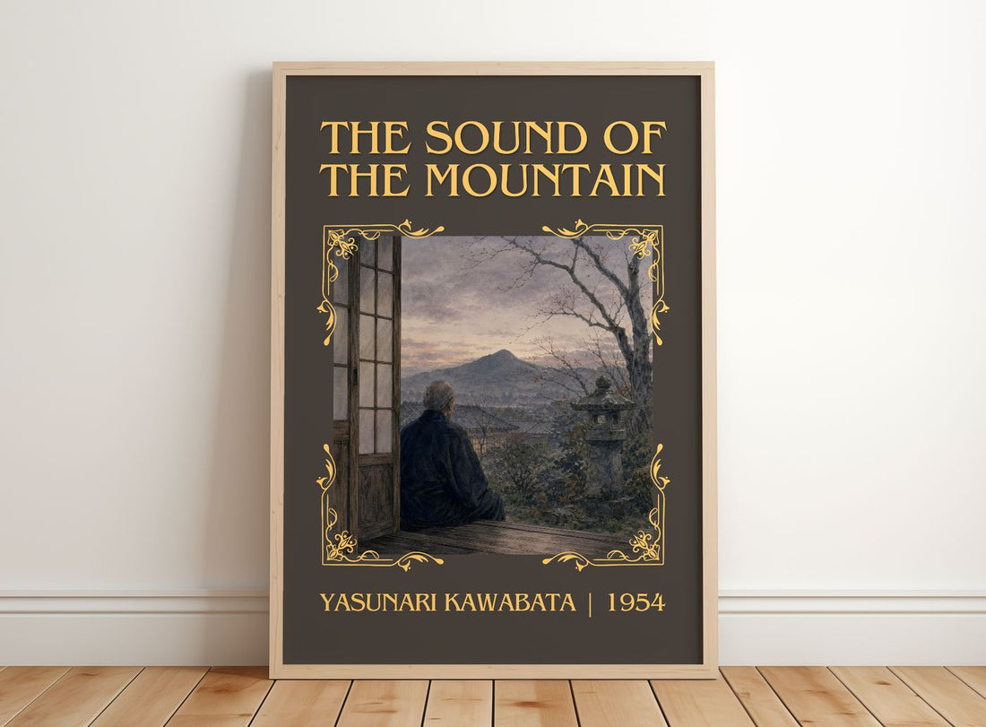 The Sound of the Mountain Classic Book Art Print by Yasunari Kawabata – framed print leaning on a wooden floor