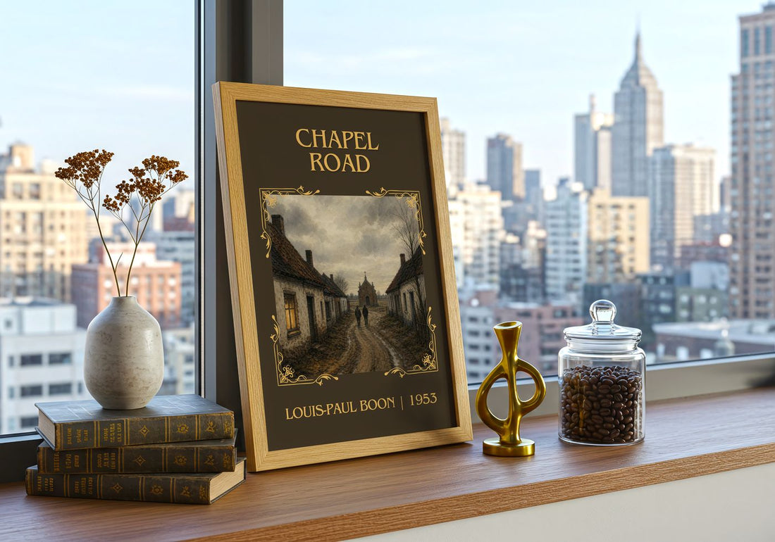 Chapel Road Classic Book Art Print by Louis-Paul Boon – framed print on a city-view windowsill